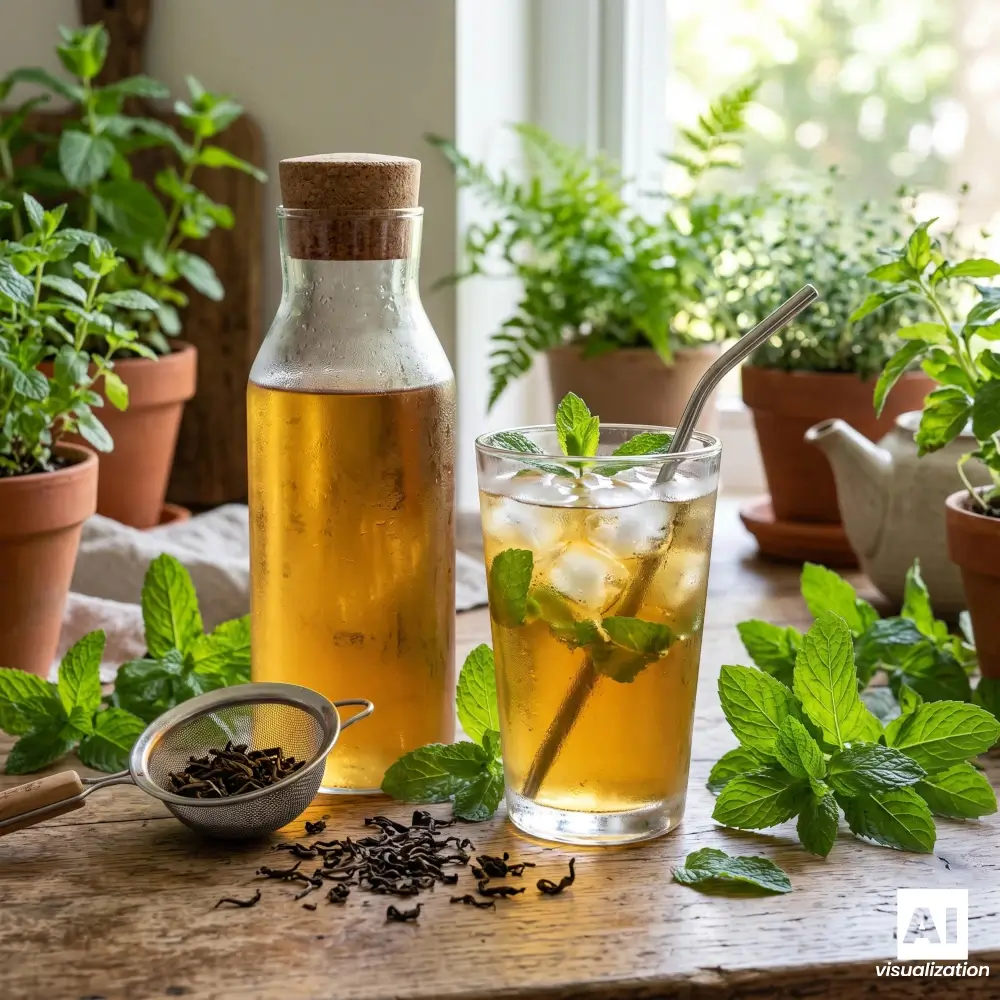 Herbata cold brew z miętą i lodem w szklance obok butelki z naparem.