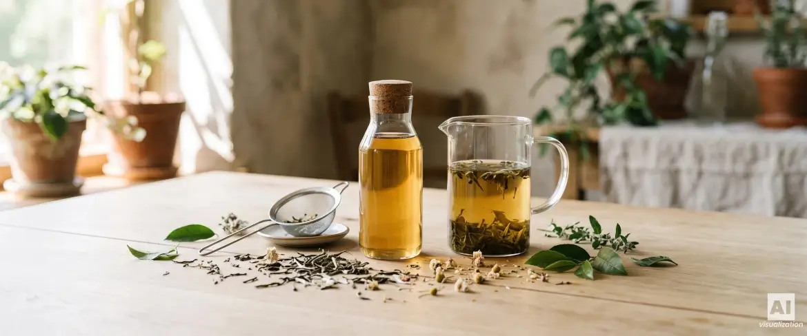 Herbata cold brew w szklanym dzbanku i butelce z liśćmi herbaty oraz sitkiem.
