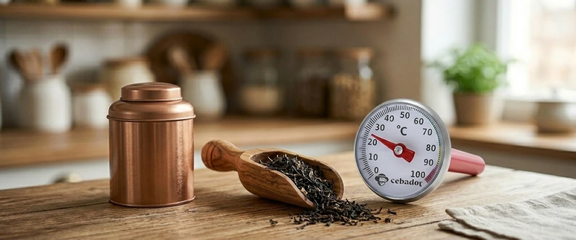 Niezbędne akcesoria do herbaty: metalowa puszka na herbatę, drewniana miarka do herbaty pełna suszu oraz termometr do herbaty