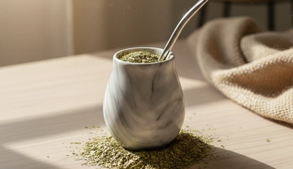 Tykwa ceramiczna do yerba mate na drewnianym blacie – eleganckie matero ceramiczne