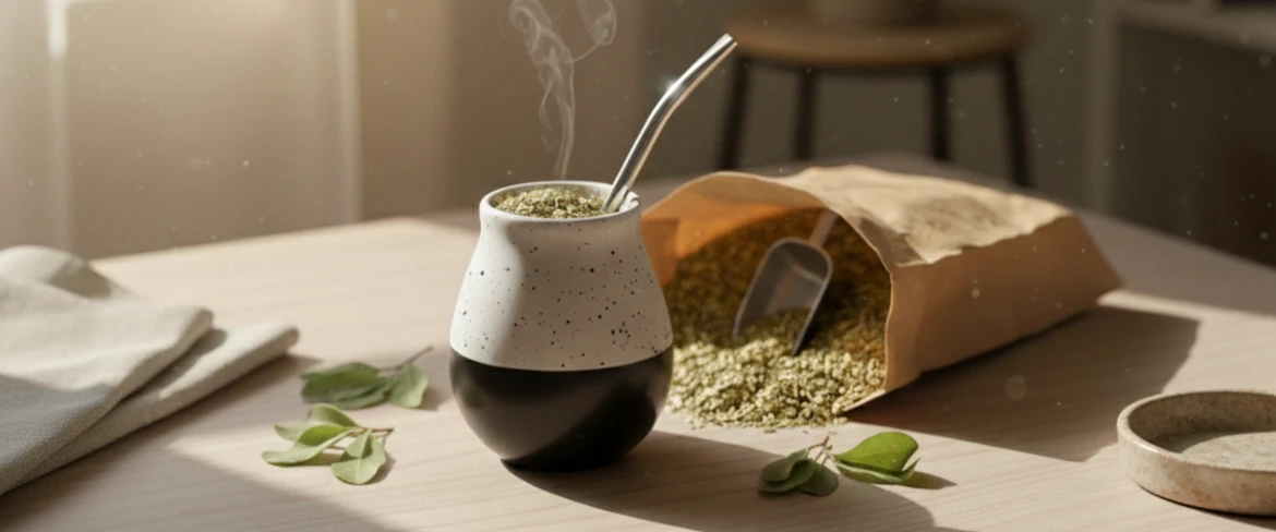 Matero ceramiczne z yerba mate i bombillą – tykwa ceramiczna do yerby w naturalnym świetle