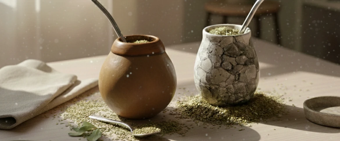 Porównanie: naturalna tykwa i tykwa ceramiczna do yerba mate obok siebie na stole