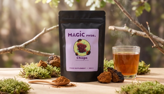 Opakowanie Magic Pwdr Chaga, napar z błyskoporka podkorowego i suszone fragmenty grzyba w leśnej scenerii.