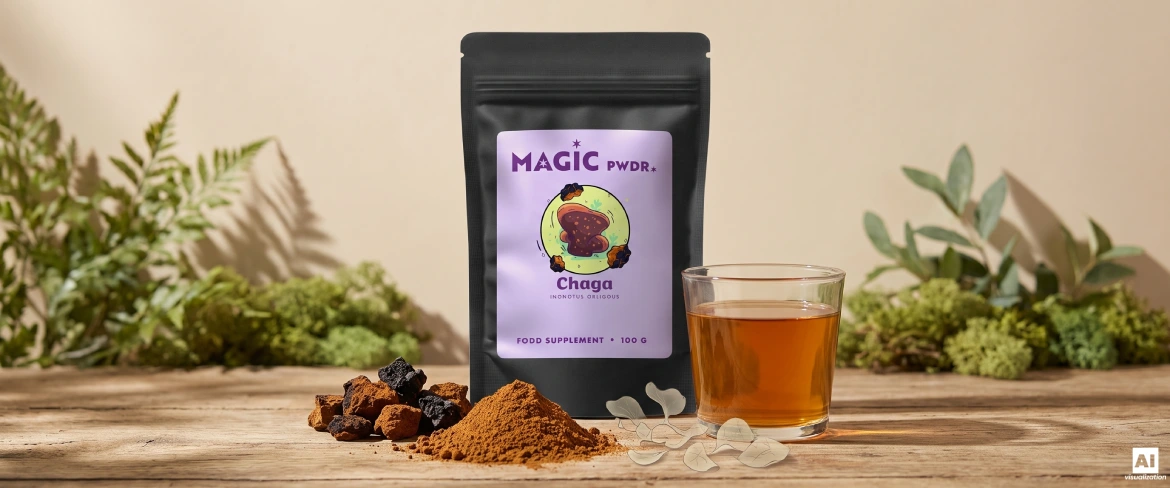 Ekstrakt chaga w proszku, suszone fragmenty grzyba i napar obok opakowania Magic Pwdr.