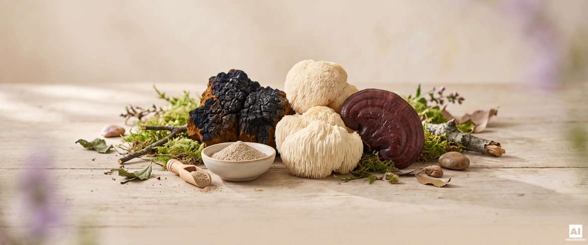 Chaga, soplówka jeżowata i reishi jako przykłady grzybów funkcjonalnych.