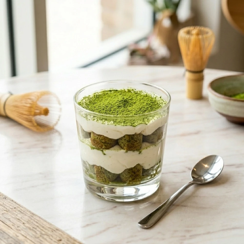 Warstwowy deser matcha tiramisu w szklanym pucharku