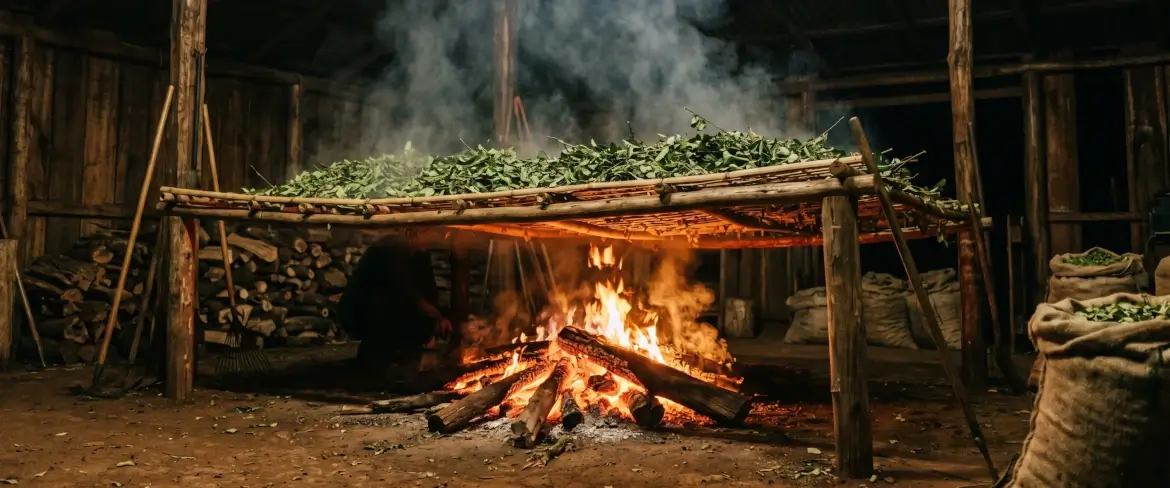 Tradycyjna metoda suszenia liści nad ogniem barbacuá, dzięki której yerba mate paragwajska zyskuje dymny profil