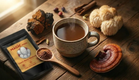 Suplementy z grzybów i naturalne grzyby adaptogenne obok kubka z naparem oraz opakowania Magic Pwdr
