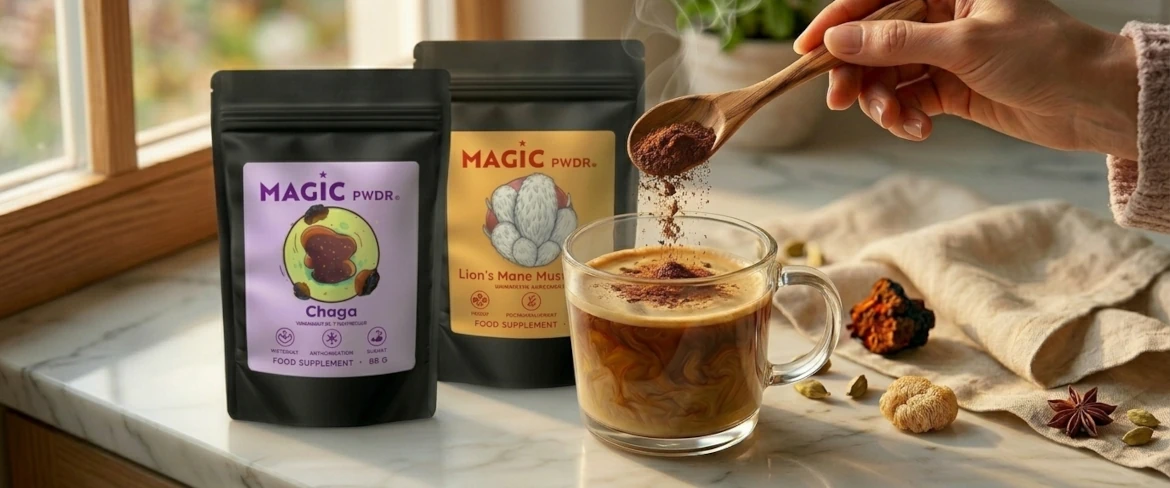 Codzienna suplementacja wykorzystująca grzyby adaptogenne w proszku – wsypywanie ekstraktu z soplówki jeżowatej w proszku do kawy 