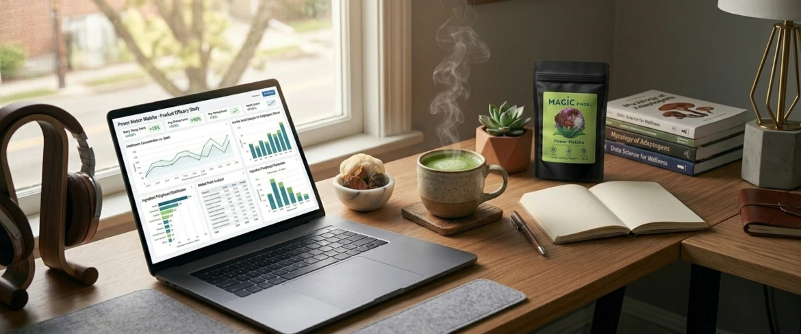 Nowoczesne stanowisko pracy z laptopem i napojem wspierającym koncentrację, wykorzystującym ekstrakty, jakie oferują grzyby Magic Pwdr