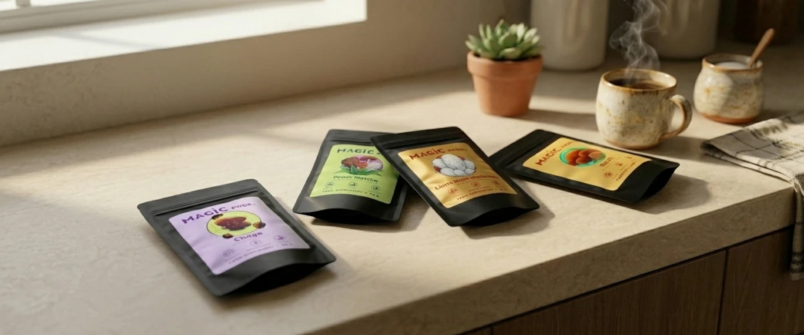 Suplementy z grzybów na blacie kuchennym przedstawiające pełną linię produktów Magic Pwdr, w tym reishi, chaga i soplówka jeżowata 