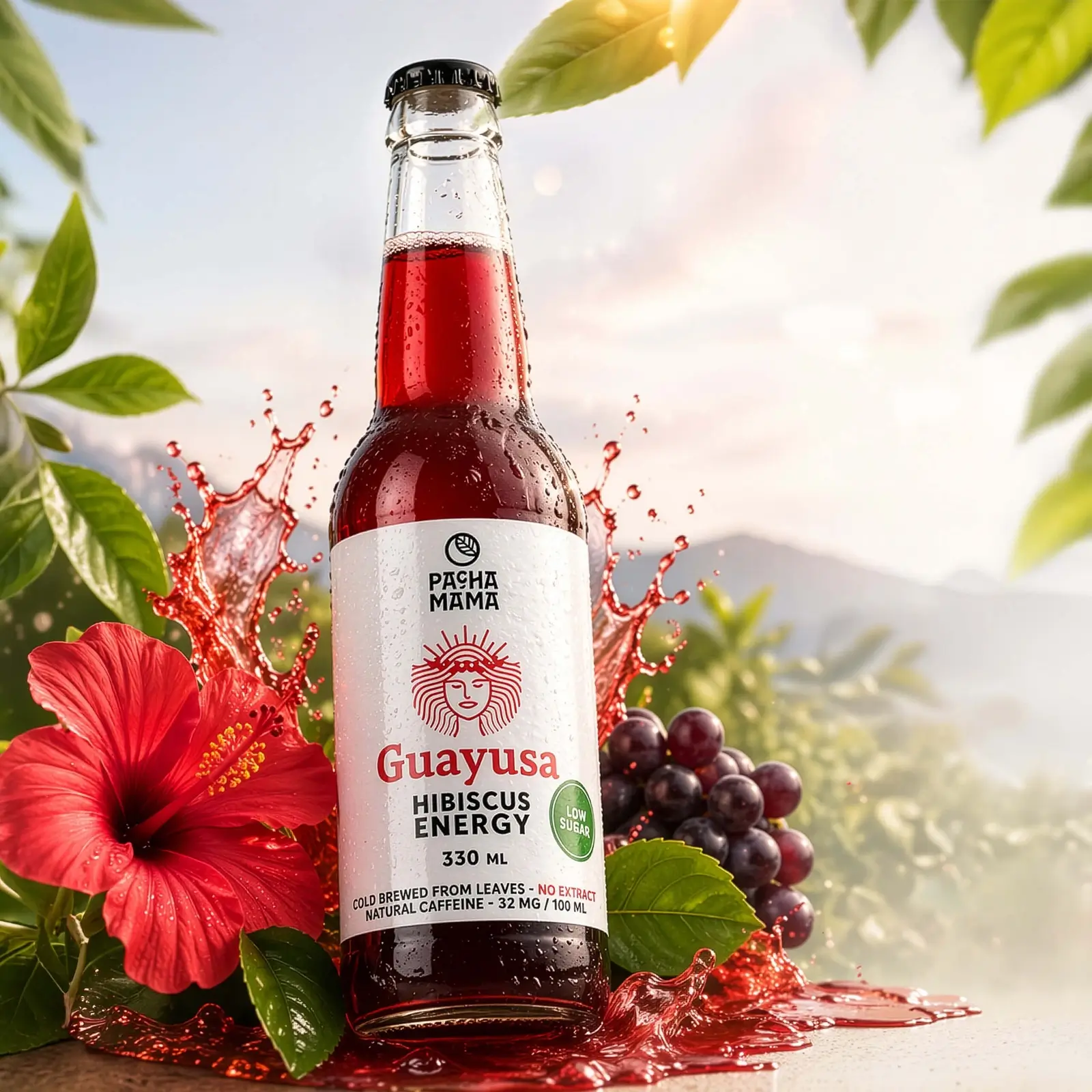 Napój Guayusa Pachamama Cold Brew Hibiscus Energy w butelce