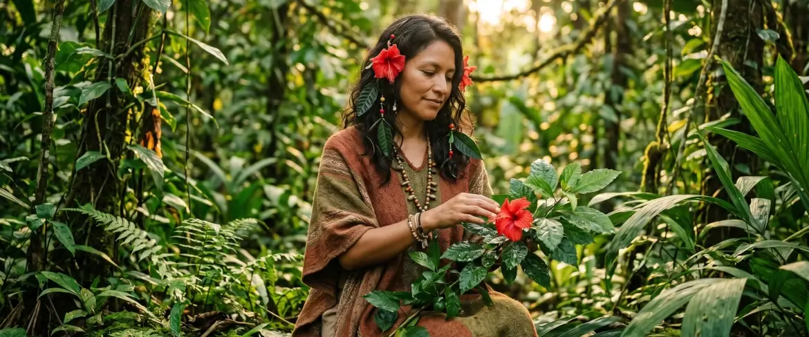 Kobieta uosabiająca andyjską boginię, otoczona przez amazońską naturę i kwiaty hibiskusa – symbol zrównoważonej filozofii marki Pachamama Guayusa