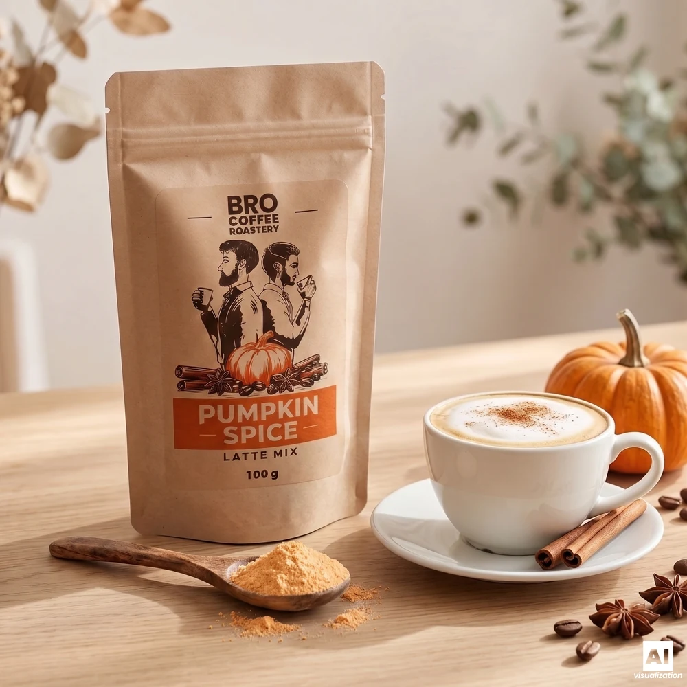 Bro Coffee Roastery Pumpkin Spice Latte Mix, drewniana łyżka z proszkiem z dyni i filiżanka latte posypanego cynamonem.