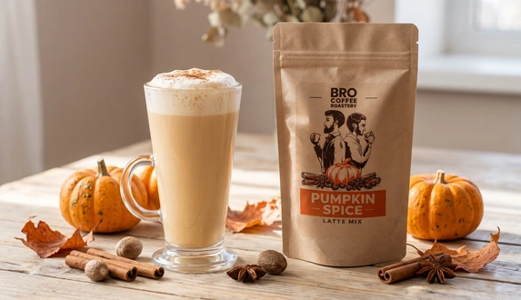 Szklanka pumpkin spice latte z mleczną pianką i cynamonem obok mieszanki Bro Coffee Roastery, małych dyń i przypraw.