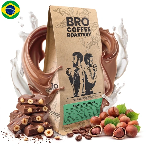 Kawa ziarnista Bro Coffee Roastery Brazil Mogiana Premium 1 kg w otoczeniu czekolady z orzechami i orzechów laskowych.