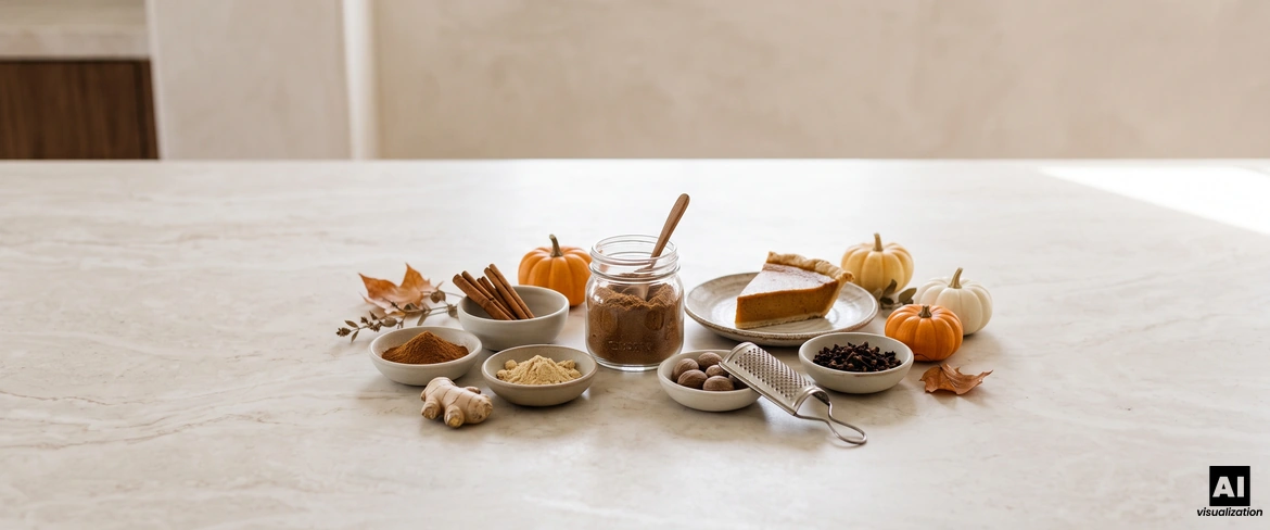 Domowa przyprawa pumpkin spice w słoiku, a obok cynamon, imbir, gałka muszkatołowa, goździki i kawałek ciasta dyniowego.