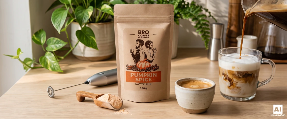 Mieszanka Bro Coffee Roastery Pumpkin Spice Latte Mix, spieniacz do mleka i espresso wlewane do szklanki z mleczną pianką.