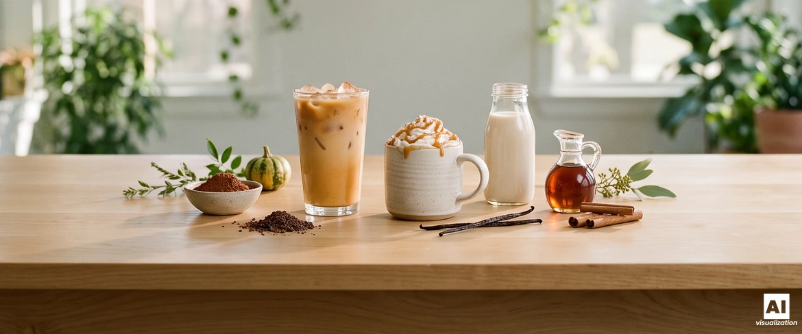 Mrożona kawa dyniowa z lodem i gorące dyniowe latte z karmelem, a obok napój roślinny, syrop klonowy, kakao i wanilia.
