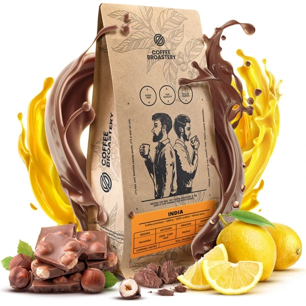 Kawa ziarnista Bro Coffee Roastery India Karnataka Premium z cytryną, orzechami i czekoladą.