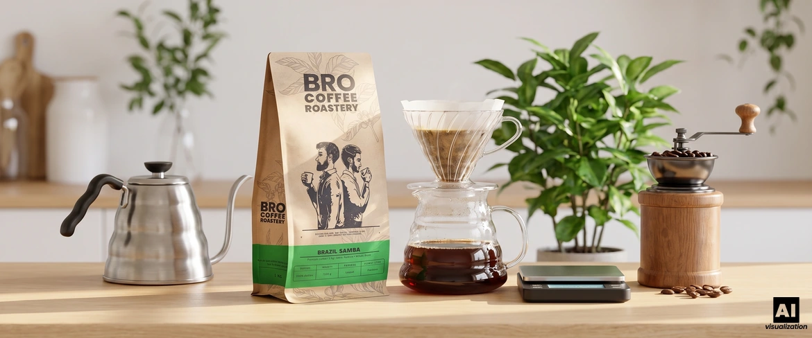 Kawa z palarni Bro Coffee Roastery Brazil Samba obok dripa, czajnika, wagi i ręcznego młynka do kawy.