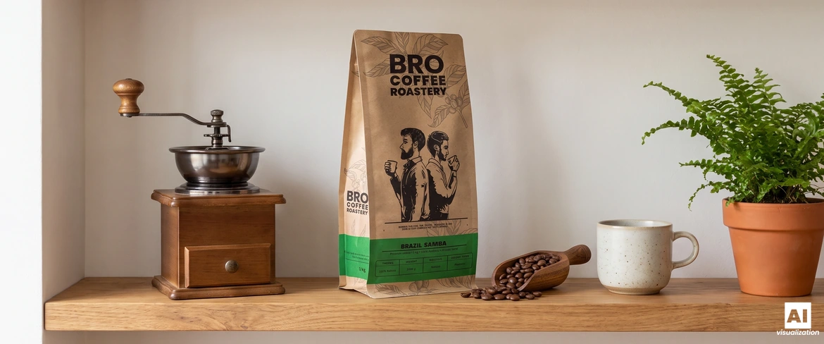 Zamknięte opakowanie kawy Bro Coffee Roastery Brazil Samba na półce obok ręcznego młynka i filiżanki.