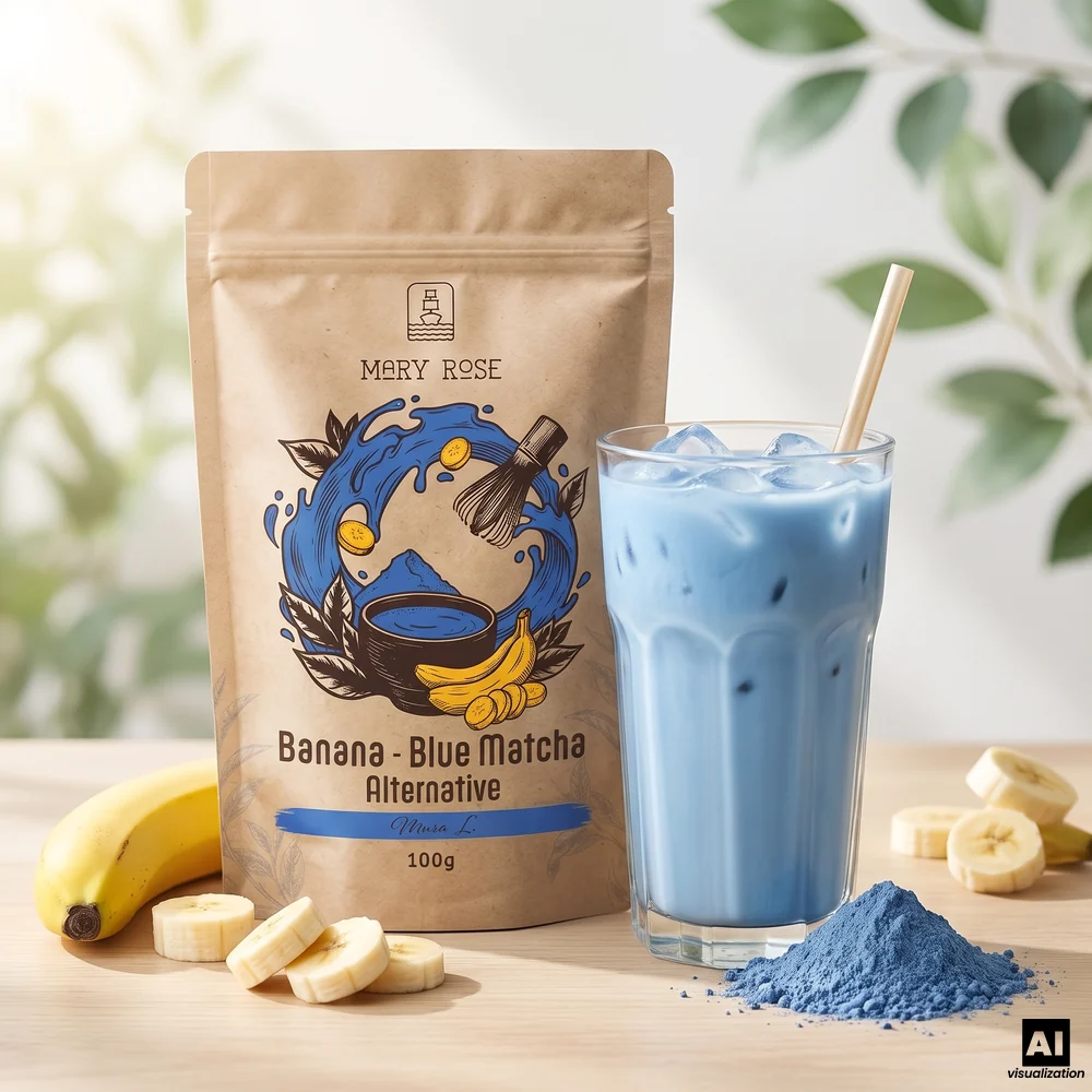 Mary Rose Blue Matcha Alternative – niebieska matcha z bananem i spiruliną, obok błękitne latte z lodem i banan.