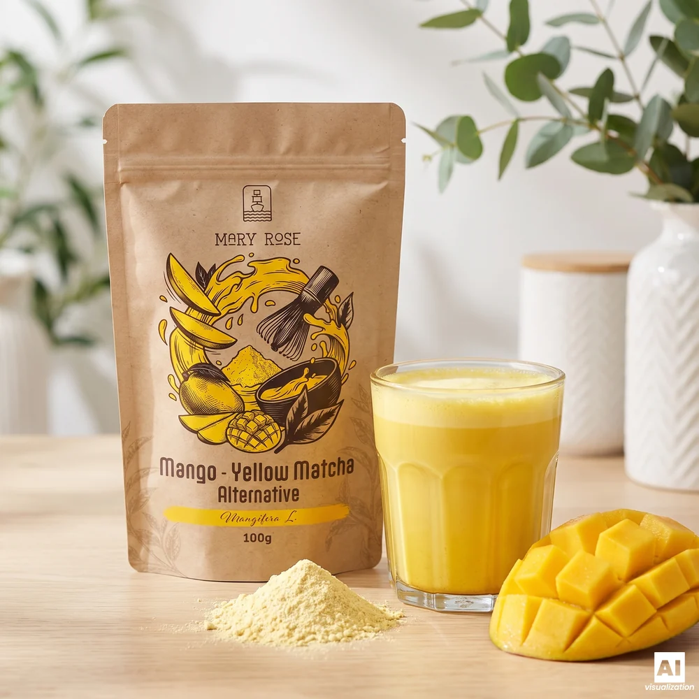 Mary Rose Yellow Matcha Alternative, czyli mango matcha: opakowanie, żółty napój, proszek i mango pokrojone w kostkę.