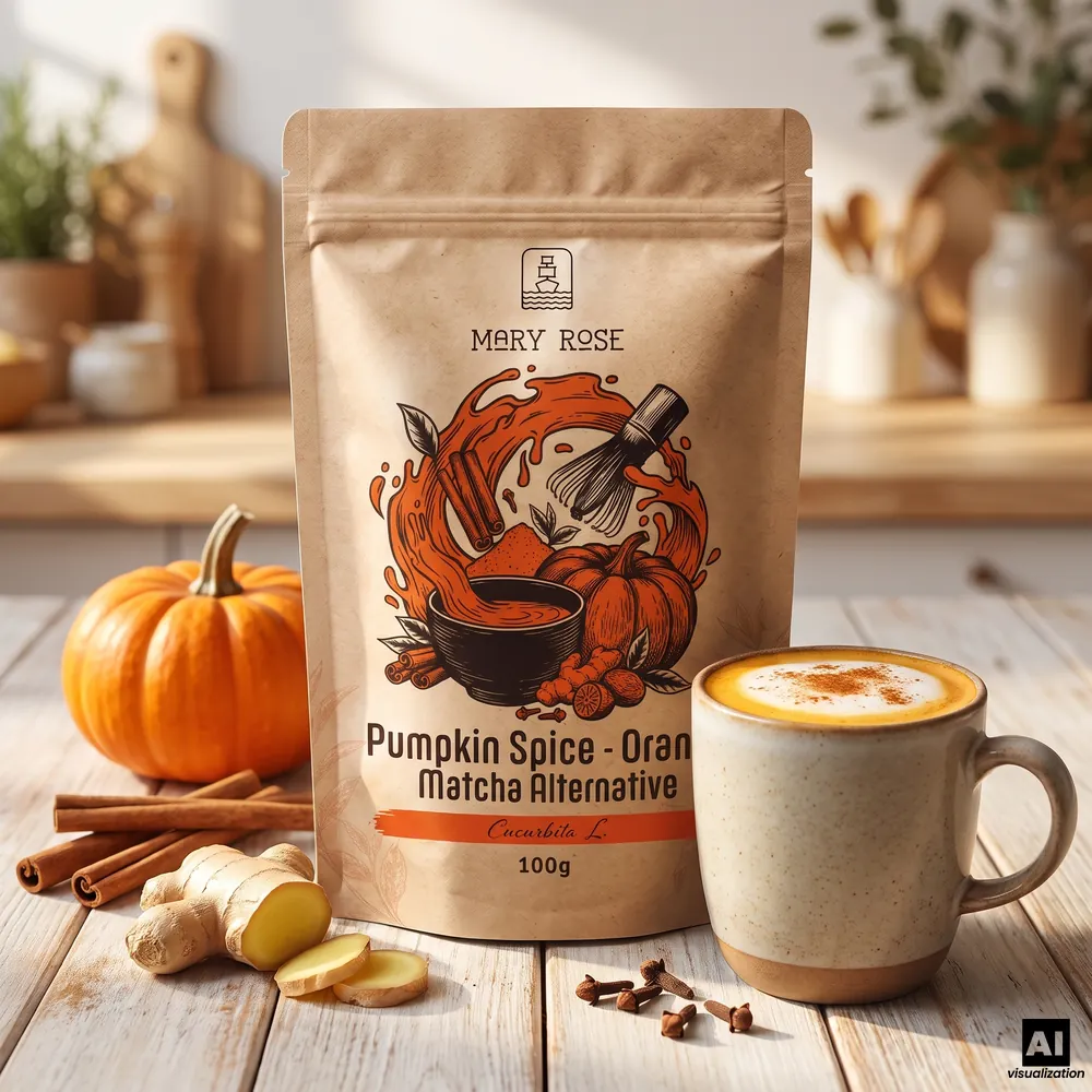 Orange matcha Mary Rose Pumpkin Spice z dyni i przypraw, obok latte z cynamonem, dynia, imbir, cynamon i goździki.