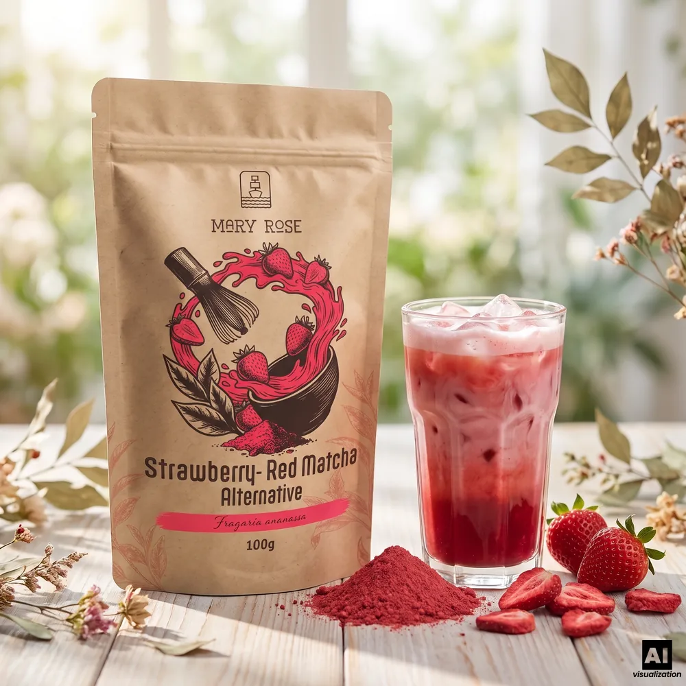 Red matcha Mary Rose z liofilizowanej truskawki, obok czerwone strawberry latte z lodem, proszek i świeże truskawki.
