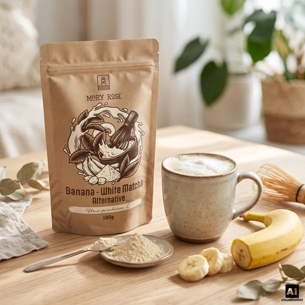 White matcha Mary Rose, czyli liofilizowany banan w proszku, obok kubek kremowego banana latte, chasen i banan.