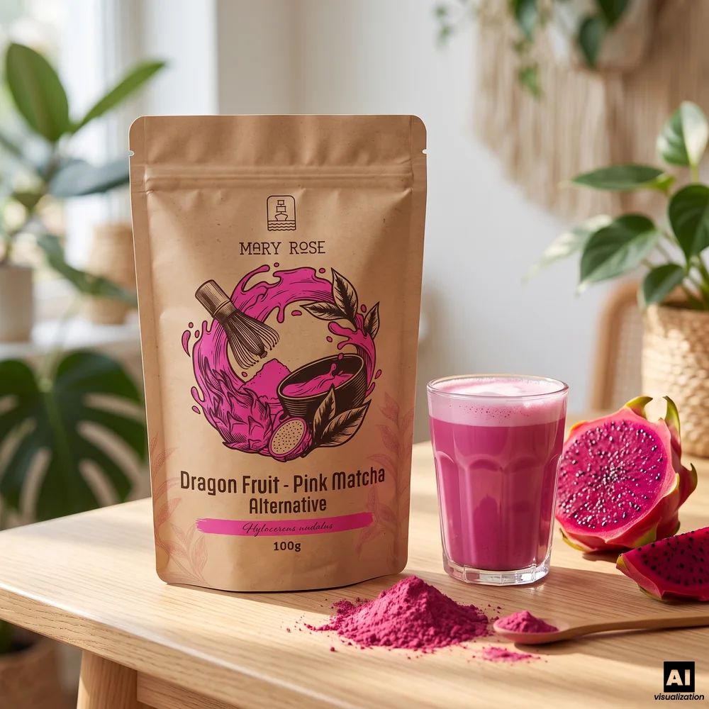 Pink matcha Mary Rose z liofilizowanego smoczego owocu, obok różowe latte, proszek i przekrojona czerwona pitaja.