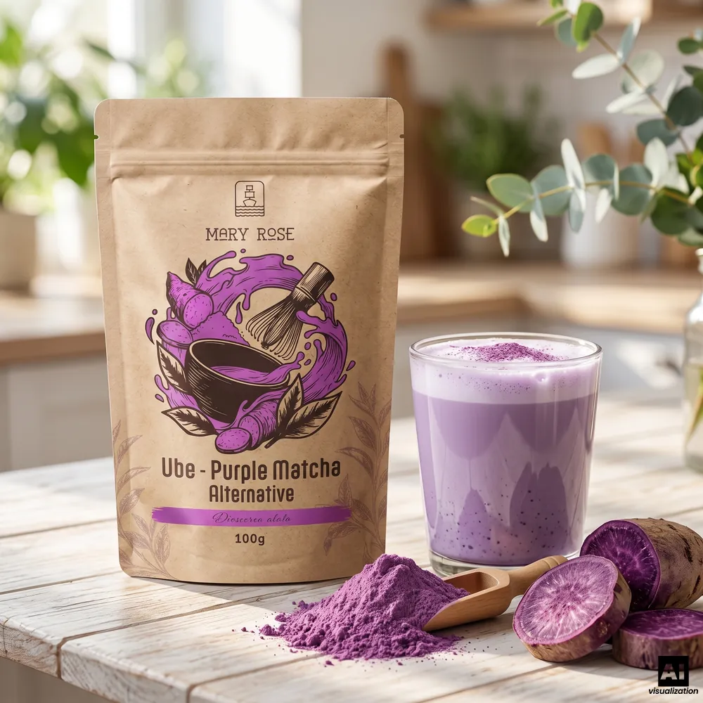 Purple matcha Mary Rose, czyli ube w proszku, obok fioletowe ube latte, proszek na łopatce i plastry fioletowej bulwy.