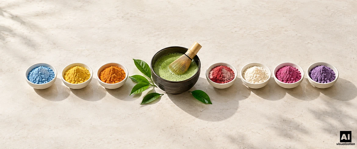 Klasyczna zielona matcha w czarce z miotełką chasen, a obok kolorowa matcha w siedmiu miseczkach z proszkami.