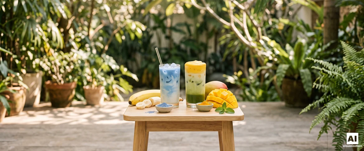 Niebieska matcha z bananem i warstwowe mango matcha latte z żółtą pianką, obok świeży banan i mango w kostkę.