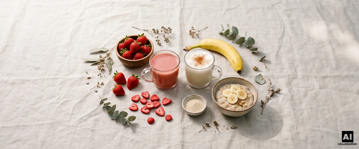 Czerwona matcha w kubku jako truskawkowe latte i bananowe latte z cynamonem, obok truskawki, banan i owsianka.