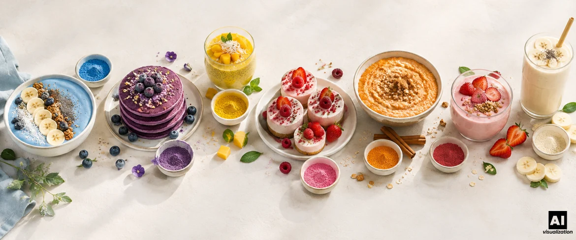 Kolorowe proszki w kuchni: niebieskie smoothie bowl, fioletowe naleśniki z ube, pudding z mango i różowe serniczki.
