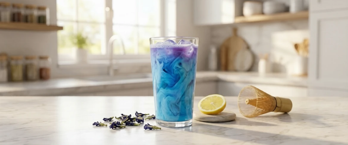 Niebieska matcha – co to i jak wygląda? Blue matcha z klitorii ternateńskiej serwowana z cytryną