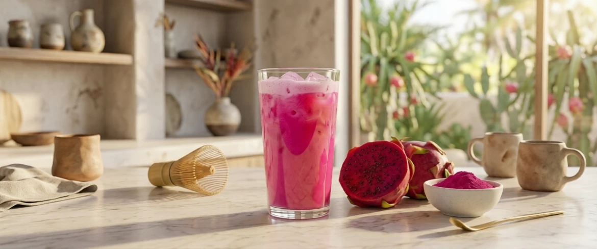 Pink matcha, czyli różowa matcha i świeży smoczy owoc. Pyszna matcha dragon fruit na zimno