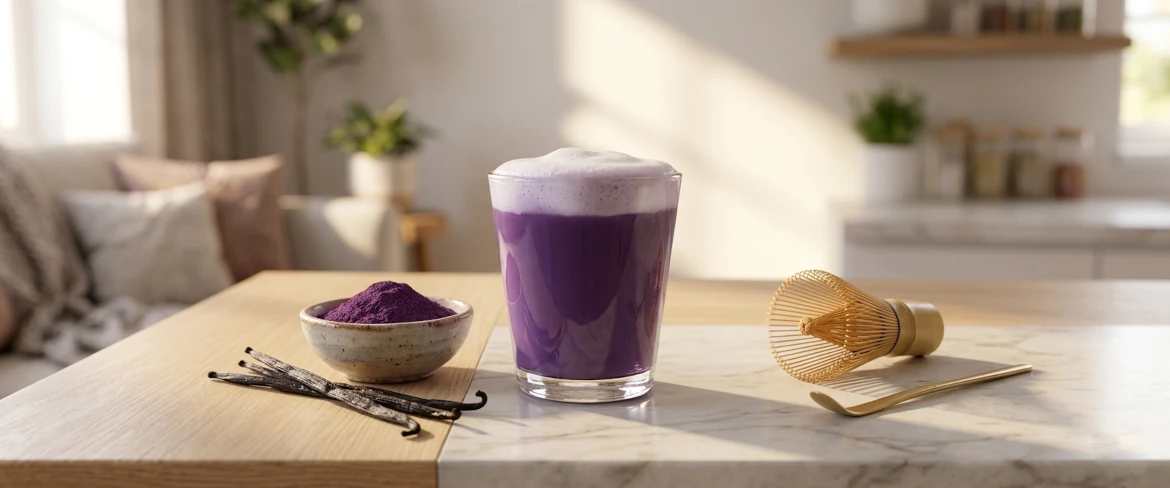 Ube – co to jest? Fioletowa matcha ube przygotowana w szklance z mlekiem