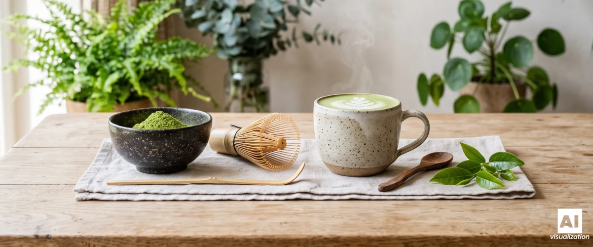Matcha latte z mlekiem w ceramicznym kubku, miseczka sproszkowanej matchy i bambusowa trzepaczka.