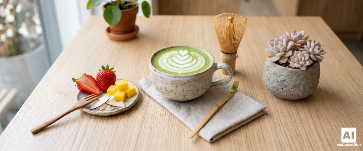 Matcha latte z mlekiem, bambusowa trzepaczka oraz truskawki, mango i kokos na stole.