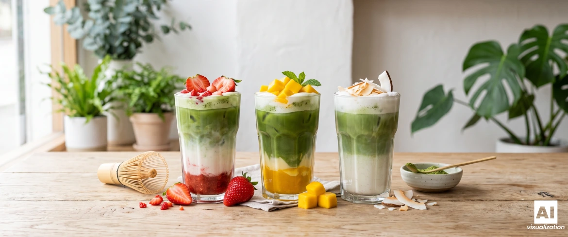 Kolorowe, warstwowe matcha latte z truskawką, mango i kokosem w szklankach.