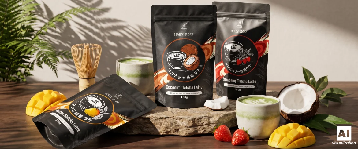 Produkty Mary Rose matcha latte w trzech smakach z napojem, owocami i bambusową trzepaczką.