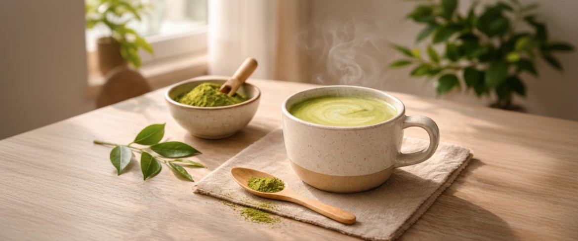 Matcha latte – co to? Zielona herbata matcha z mlekiem podana w filiżance