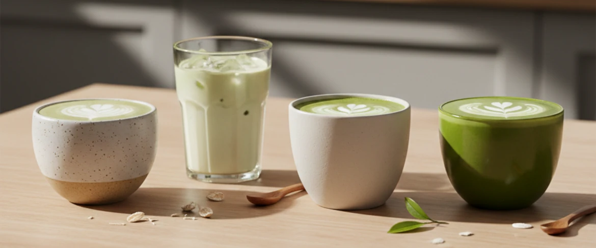 Matcha latte z różnymi rodzajami mleka – owsiane, kokosowe i migdałowe