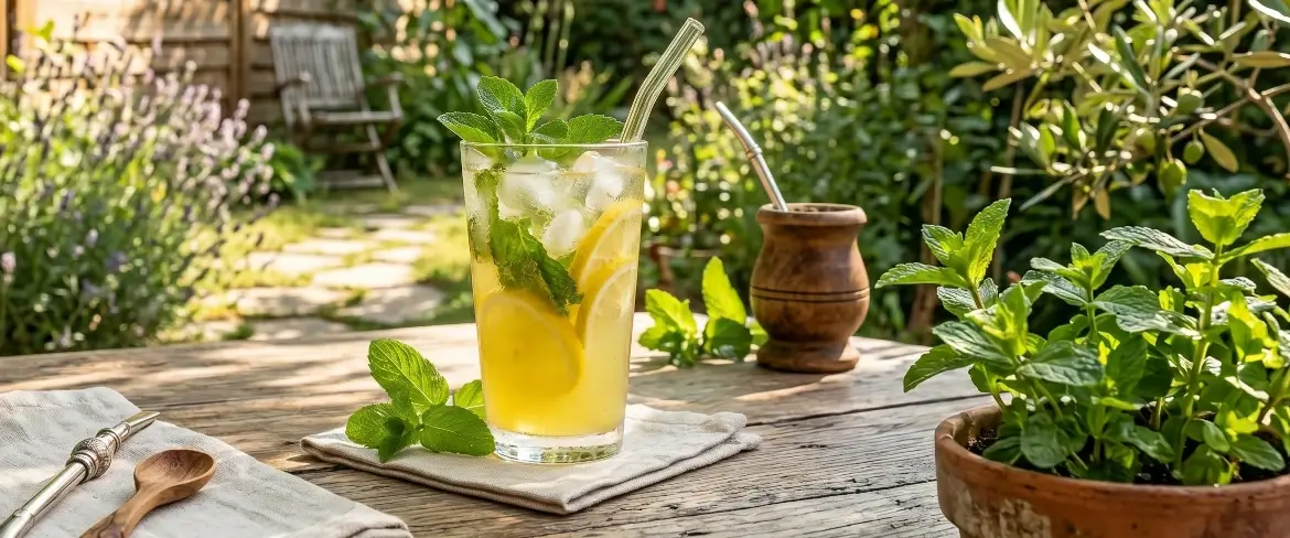 Orzeźwiająca, zimna lemoniada z lodem obok tradycyjnego naczynka na yerba mate – co można zrobić z mięty latem