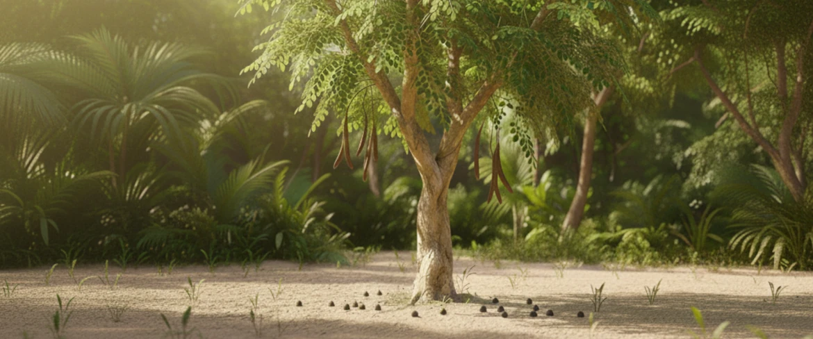 Drzewo moringa – liście z drzewa moringa w naturalnym tropikalnym otoczeniu