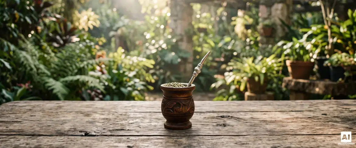 Drewniane matero z mocną yerba mate i bombillą na tle zielonej roślinności.