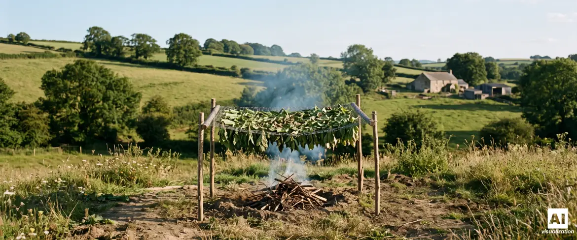 Suszenie liści yerba mate metodą barbacuá nad ogniem na wiejskim terenie.